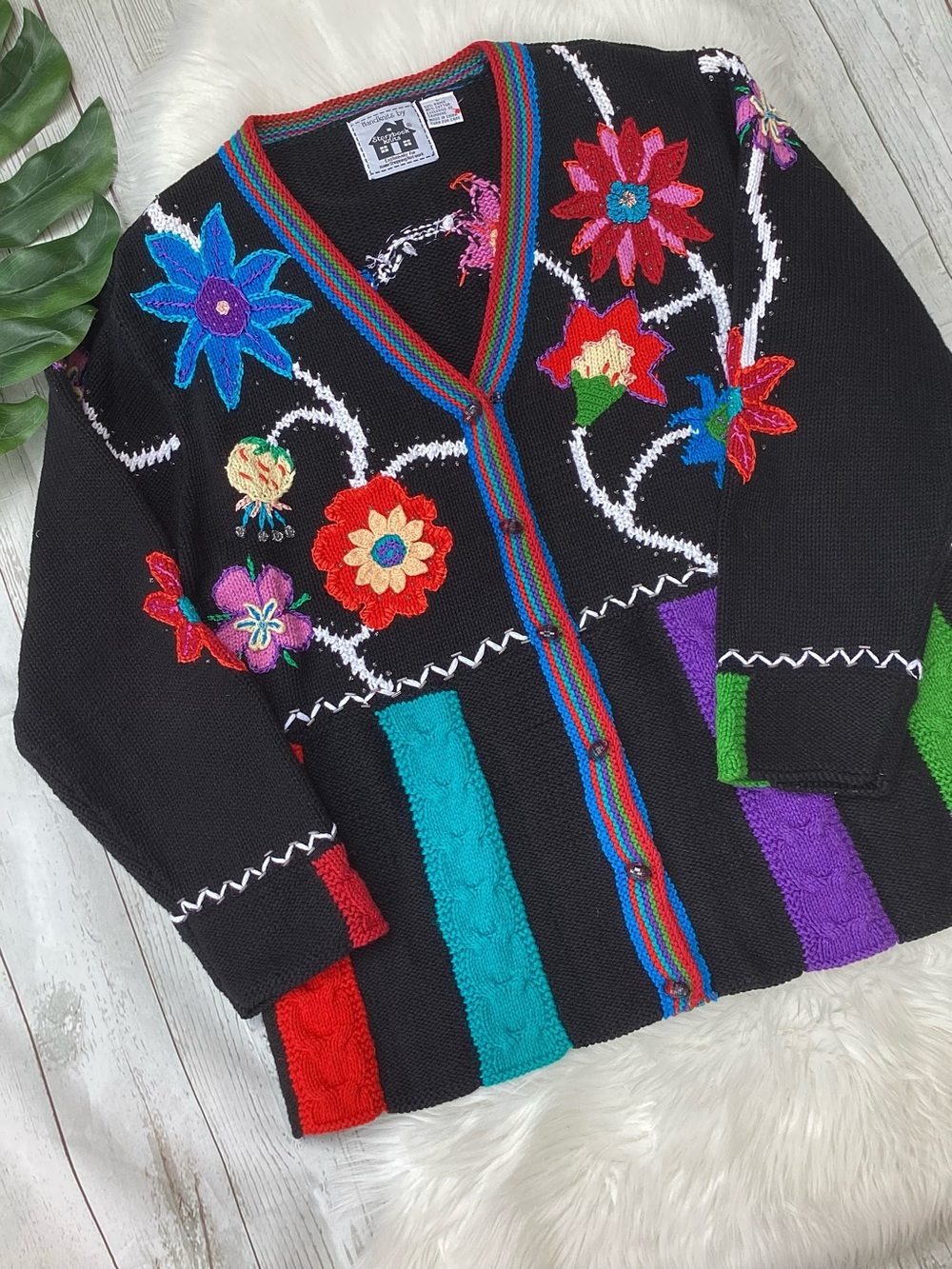 RARE Vintage Storybook Knits Kaleidoscope Beaded Floral Cardigan Sweater L